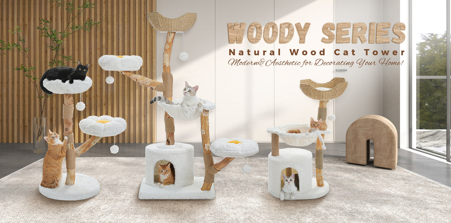 Cat tree with multiple levels and a cat sitting on one of them, branded as 'Woody Series'.